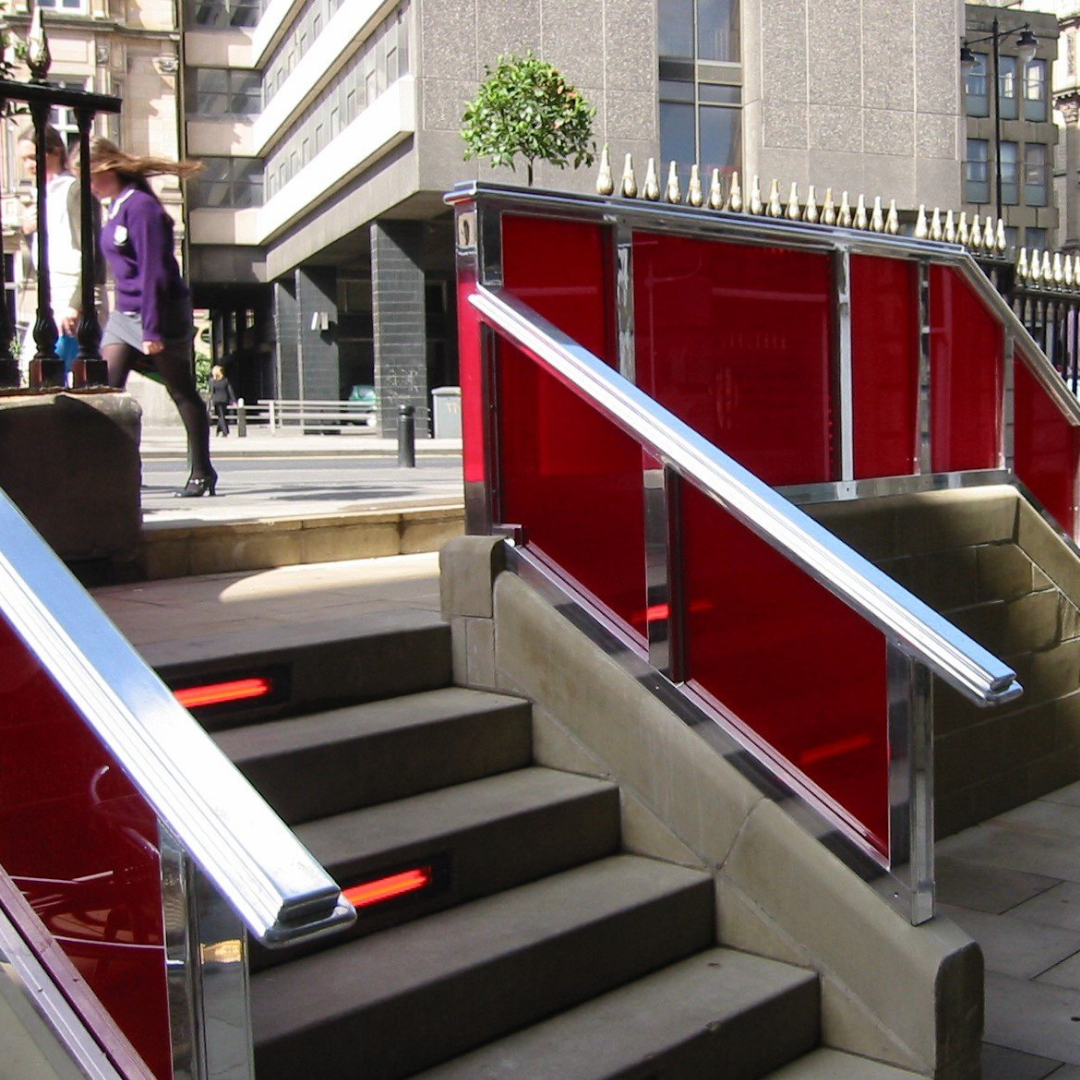 red painted glass commercial balustrades on step railings